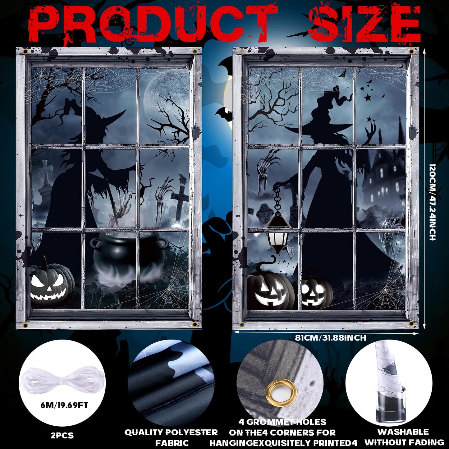 Preboun 2 Pcs Halloween Witch Window Clings Decoration Scary Halloween Window Silhouette Cover Curtain Poster for Wall Garage Door Home Indoor Outdoor Party Favors