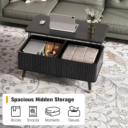 JOINICE Lift Top Coffee Table with Storage, Modern Black Fluted Design, Pop-Up Center Table with Hidden Compartment for Living Room & Home Office Work/Dining