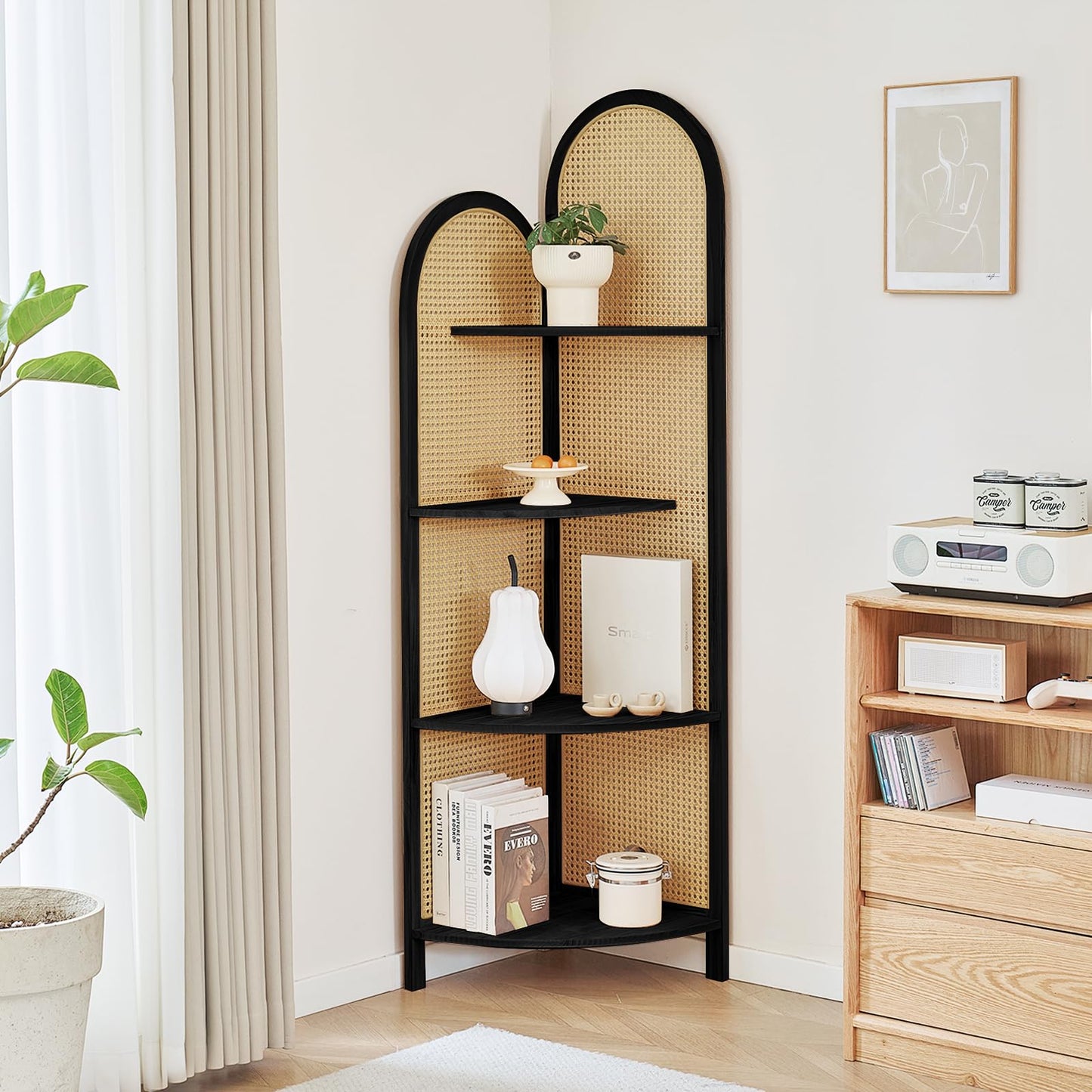 Aletheiawu Corner Shelf Stand 4-Tier 70" Corner Shelves Display Shelf Pine Wood Frame with Rattan Wall Corner Bookshelf Multi Unit Organizer Rack with Legs for Living Room Decor,Small Space (Black)