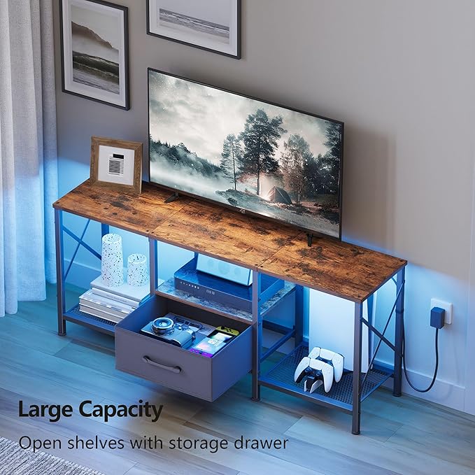 JARHETUN LED TV Stand with Fabric Drawer, Entertainment Center