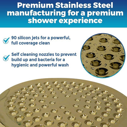 High Pressure Shower Head - Anti-Clogging Silicone Nozzles 2.5 GPM Removable Restrictor - Easy to Clean and Install - Includes Plumbers Tape - 6 inch - (Gold Finish 2.5GPM)