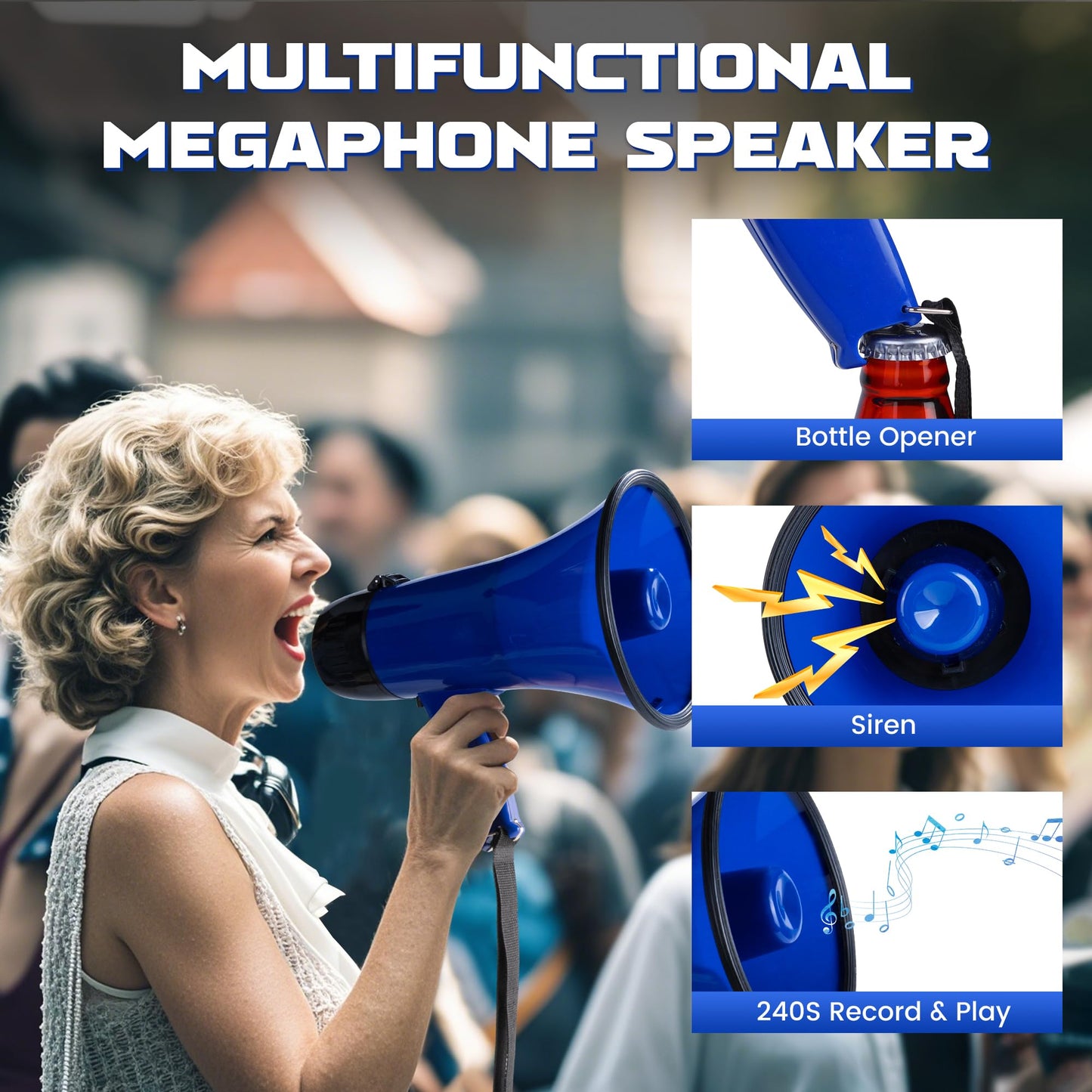 MyMealivos 20W Megaphone Bullhorn, Built in Siren & 240s Recording, 5.4"×8.6" Portable Megaphone with Volume Control Cover Up to 300 feet+ for Indoor and Outdoor Activities(Blue)