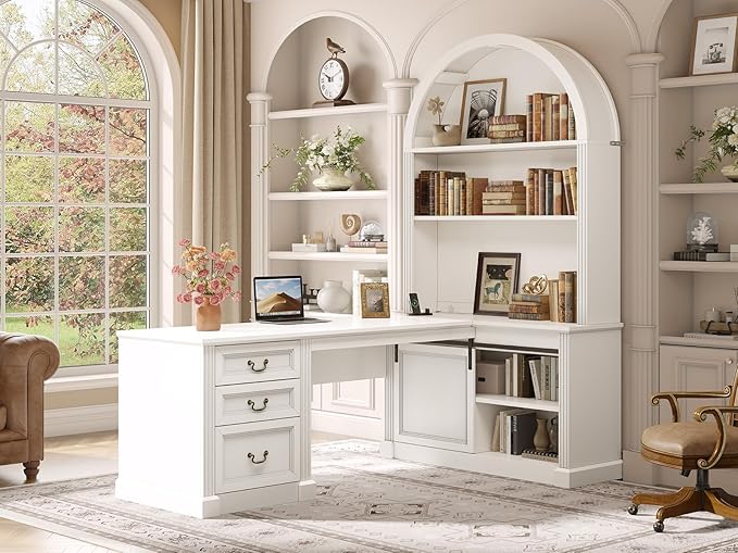 SEDETA 67" L Shaped Desk with Tall Arched Bookshelf, Mid-Century Office