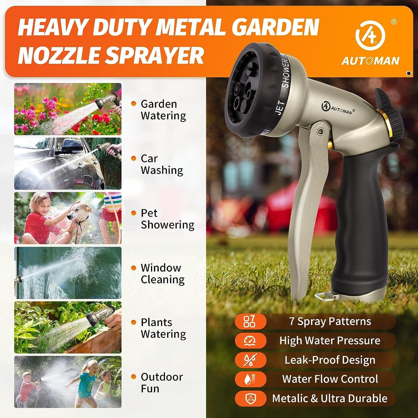 AUTOMAN Garden Hose Nozzle-7 Patterns Sprayer-2 Pack, Metal High Pressure Spray Nozzle, Heavy Duty Labor-Saving Design Water Hose Nozzle for Garden Watering, Car Washing, Window Cleaning, Pets Bathing