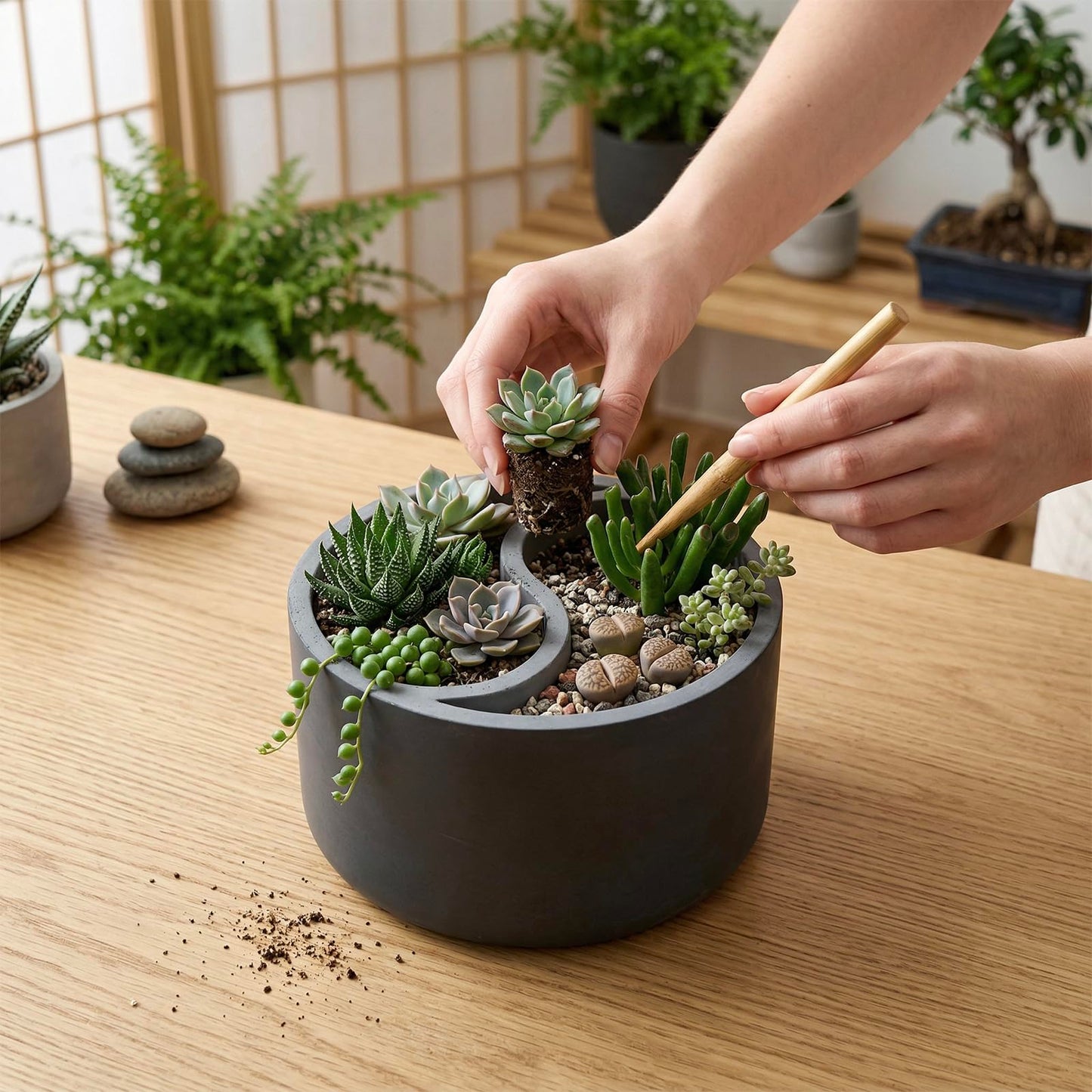 MyGift 8 Inch Round Yin Yang Shaped Gray Concrete Succulent Planter with Drainage Holes, Decorative Indoor Garden Dual Sided Flower Plant Pot for Small Houseplants