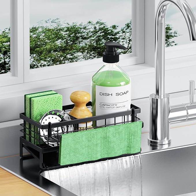 Self-Draining Kitchen Sink Caddy, Rustproof Non-Slip Metal Sponge Holder