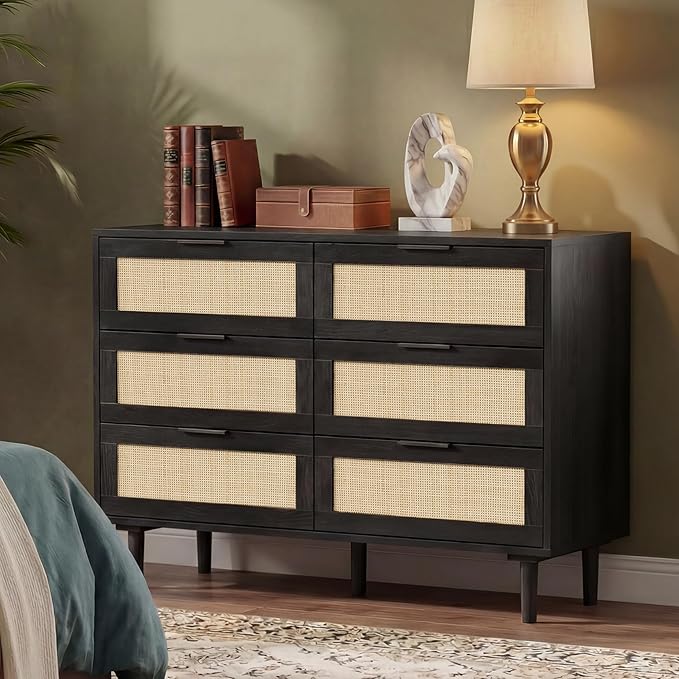 FUQARHY 6 Drawer Dresser Rattan Dresser Modern Chest