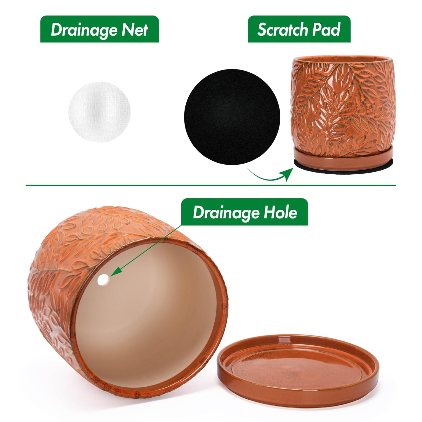 D'vine Dev 8 Inch Embossed Leaves Stoneware Planter Pot with Drainage Hole and Saucer, Pumpkin, 27-A-Q-J