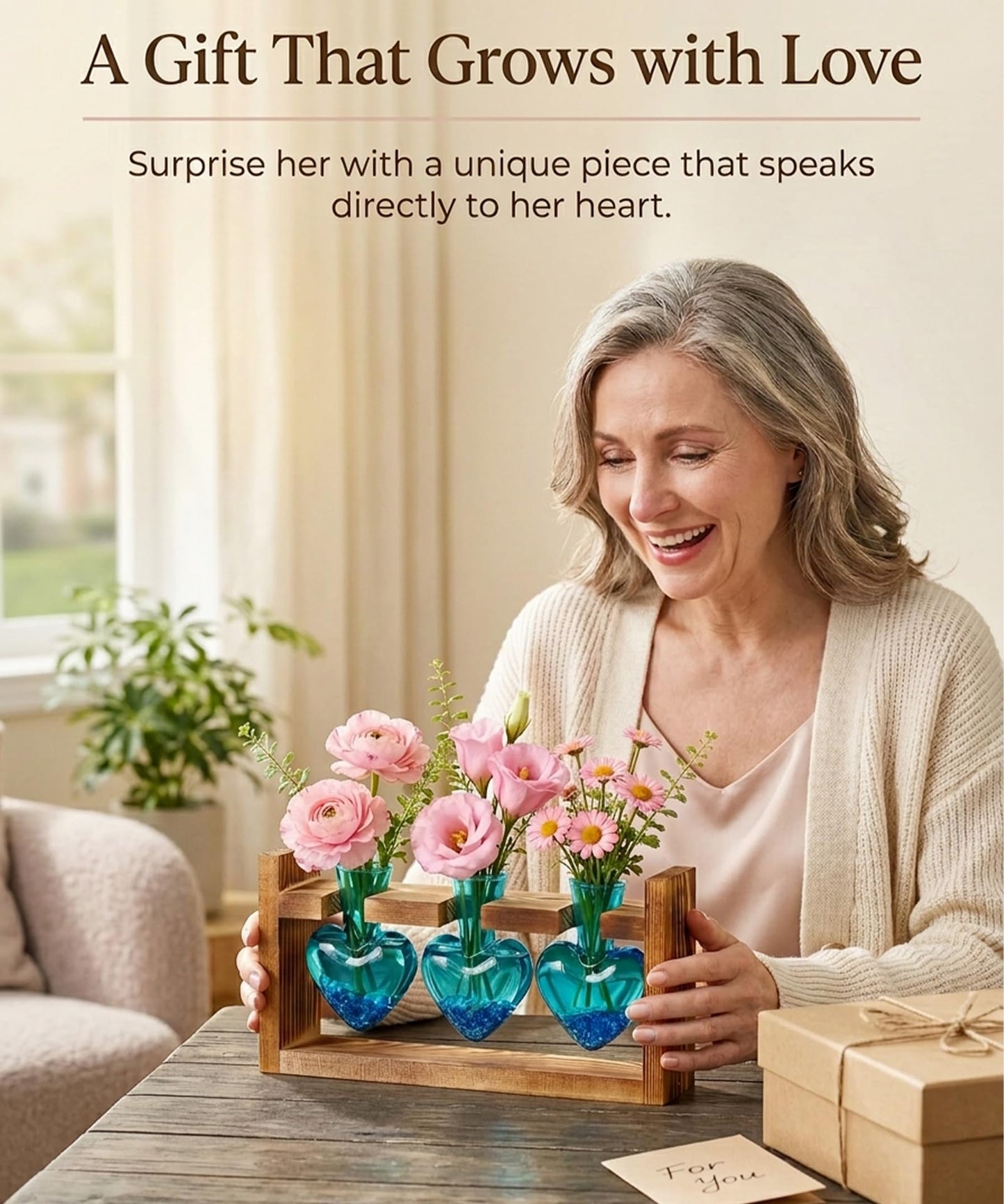 Nacome Plant Terrarium Propagation Stations: Mothers Day Gifts for Mom Plant Lovers Women Wife Daughter - 3 Bulb Glass Vases with Wooden Stand Tabletop for Hydroponics Home Garden Decor