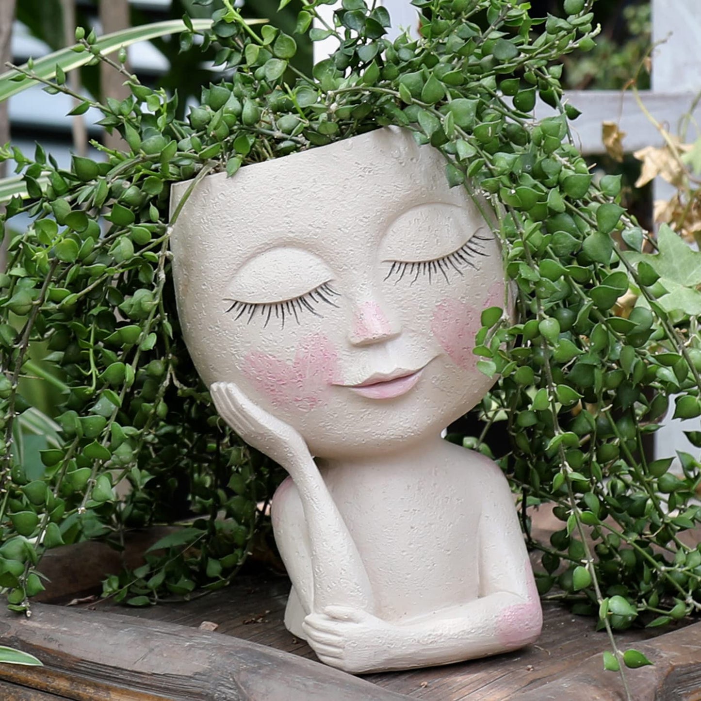 UMESONG Smiley Face Flower Planters Pots for Indoor Plants Resin Head Planter with Drainage Hole One Hand Hold Cute Face Succulent Pots with Closed Eyes for Outdoor Garden Planter (Light)