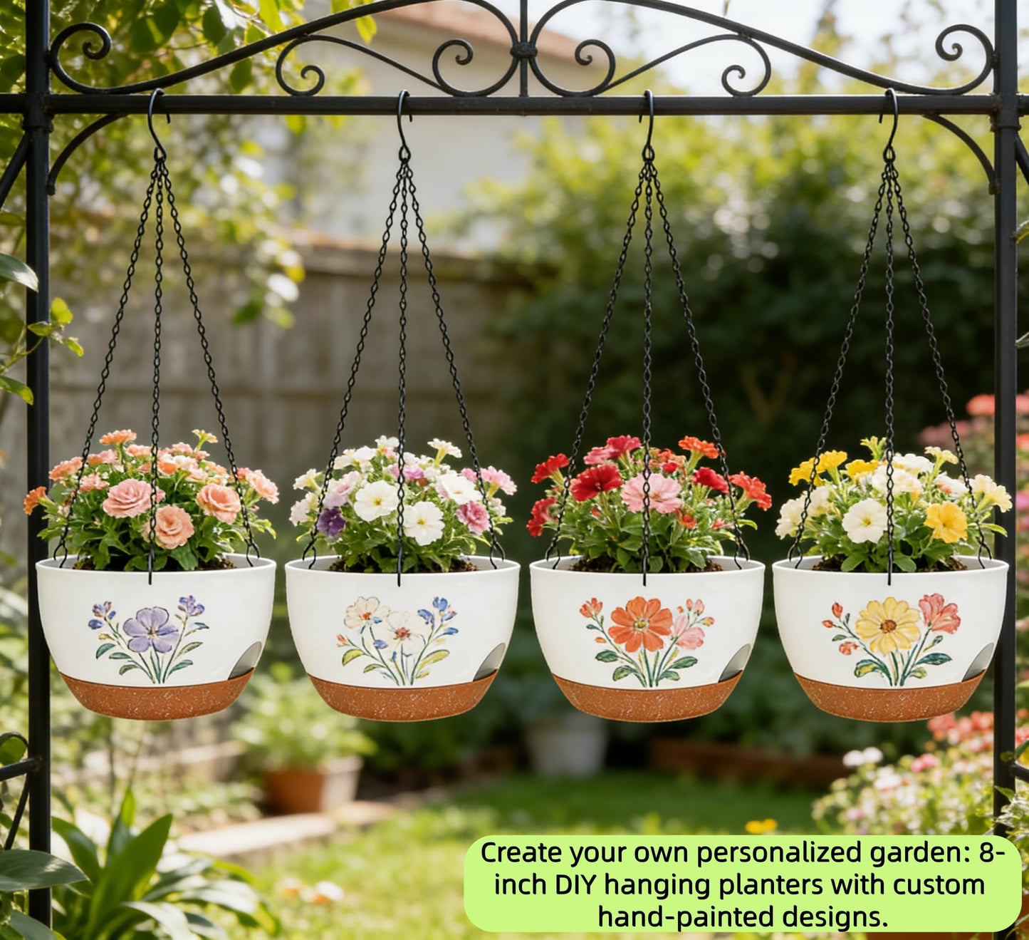 zople Set of 2-8 Inch Self Watering Hanging Planters for Indoor Outdoor，Hanging Plant Pots with Drainage & Removable Tray, Hanging Pots Holder for Ivy, Pothos, Ferns, Balcony & Patio, White Brown