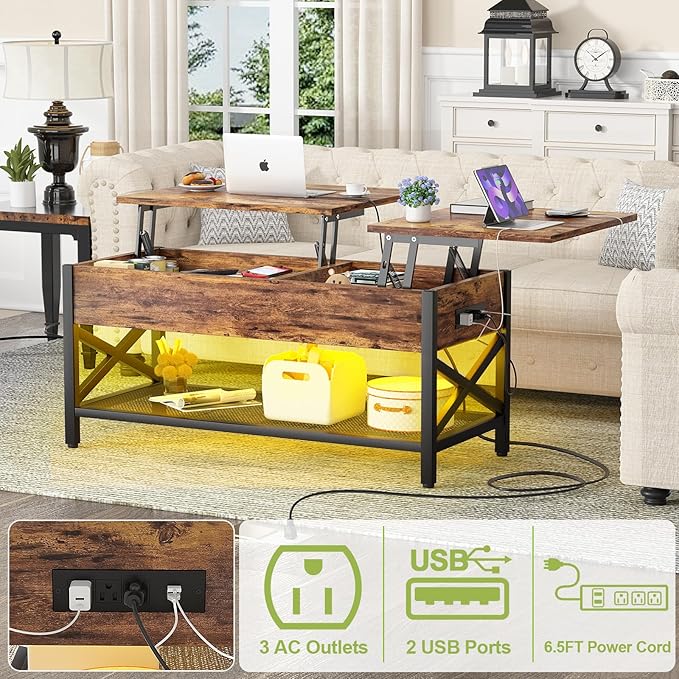 Aheaplus Coffee Table with LED Light and Power Outlet, Modern Lift-Top Center