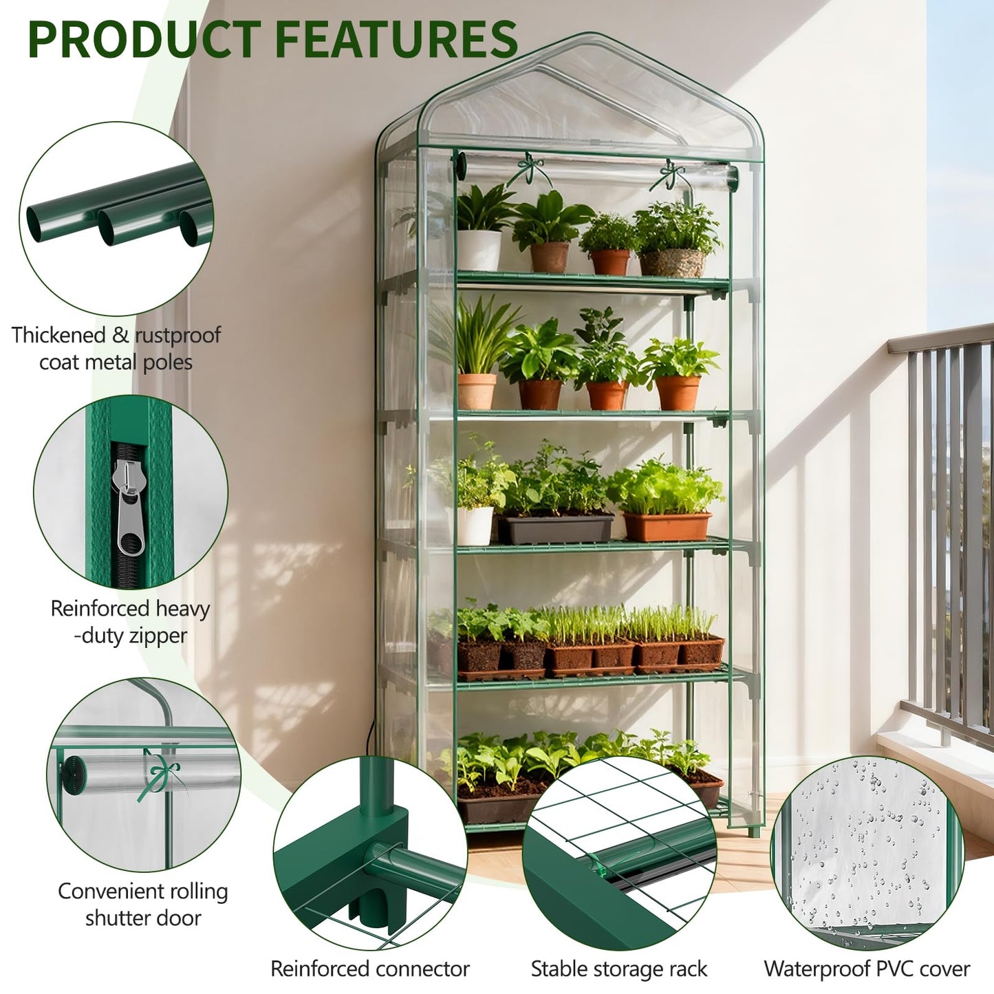 SUNYRISY Indoor Greenhouse with Grow Lights, 5 Tier Mini Small Greenhouse Kit with Zippered PVC Tent Cover for Indoor Garden Seed Starting Tray, 36W Full Spectrum with Timer