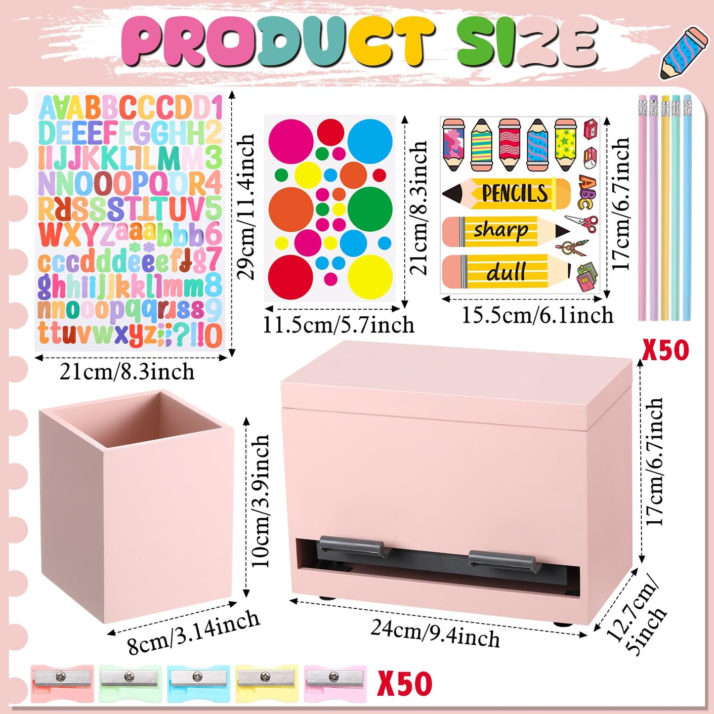 Watersay 108 Pcs Pencil Dispenser Kit for Classroom Wooden Sharp and Dull Pencil Holder 50 Pencils 50 Sharpener 6 Sticker Classroom Teacher Must Have Straw Dispenser for Back to School(Light Pink)