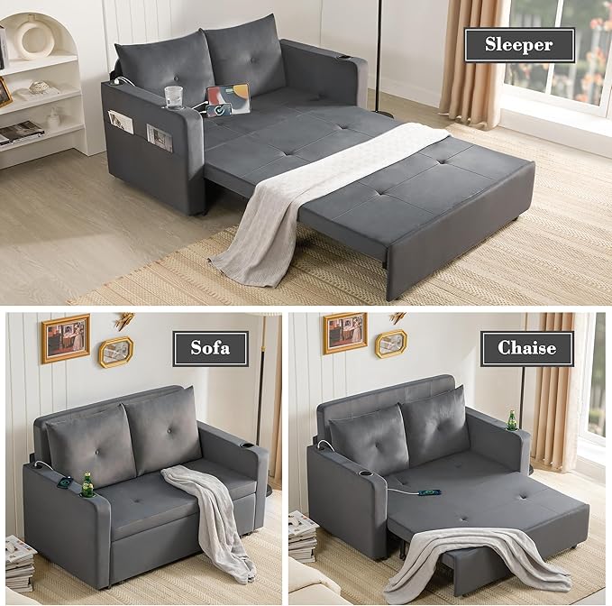 Krcix 3 in 1 Pull Out Couch, 56 Inch Velvet Sofa Bed, Convertible Sleeper Sofa