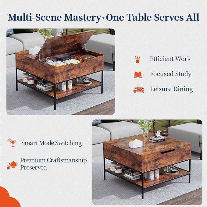 Coffee Table with Storage, Square Coffee Table with Display Shelf and Hidden