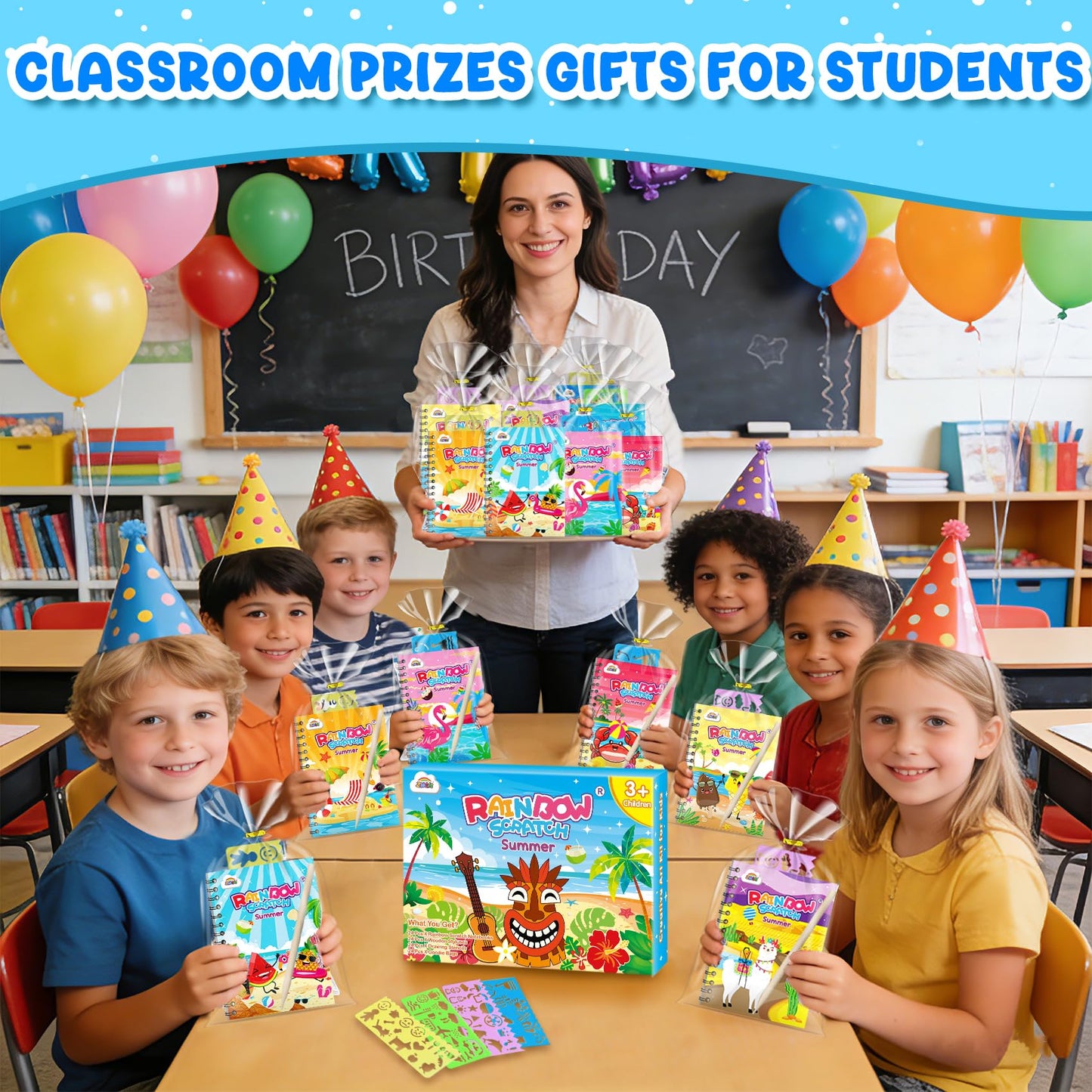 ZMLM 24 Pack Scratch Art Party Favors: Birthday Party Favors for Kids 4-8, Bulk Rainbow Scratch Notebook Paper Pads, Goodie Bags Stuffers Girls Boys Classroom Gifts Crafts Toys(Summer)