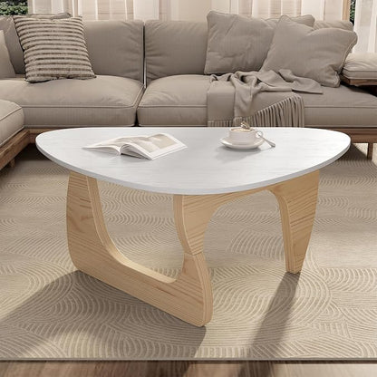 Modern Wood Coffee Table, Triangle Center Table with Premium Wooden Top& Unique Base, 35.5” Small Mid Century Tea Tables for Living Room, Apartment, Office,White&Light Natural Wood
