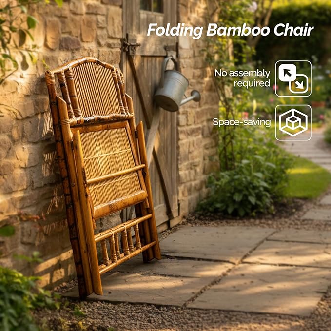 VINGLI Bamboo Rattan Folding Loveseat, Handmade Double Seat Folding Chair