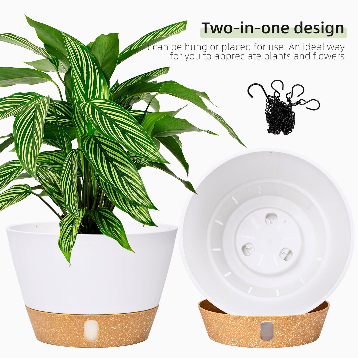 QCQHDU 2 Pack 8 Inch Hanging Planters for Indoor Outdoor Plants, Hanging Baskets Flower Pots with Reservoir Tray & Visible Water-Level