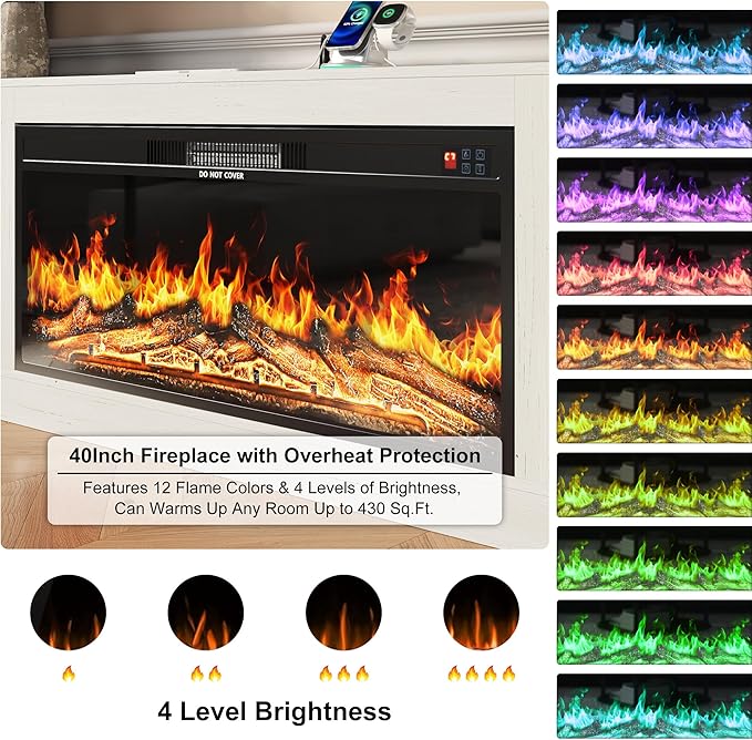 103" Fireplace TV Stand with 40" Electric Fireplace, Farmhouse TV Stand with