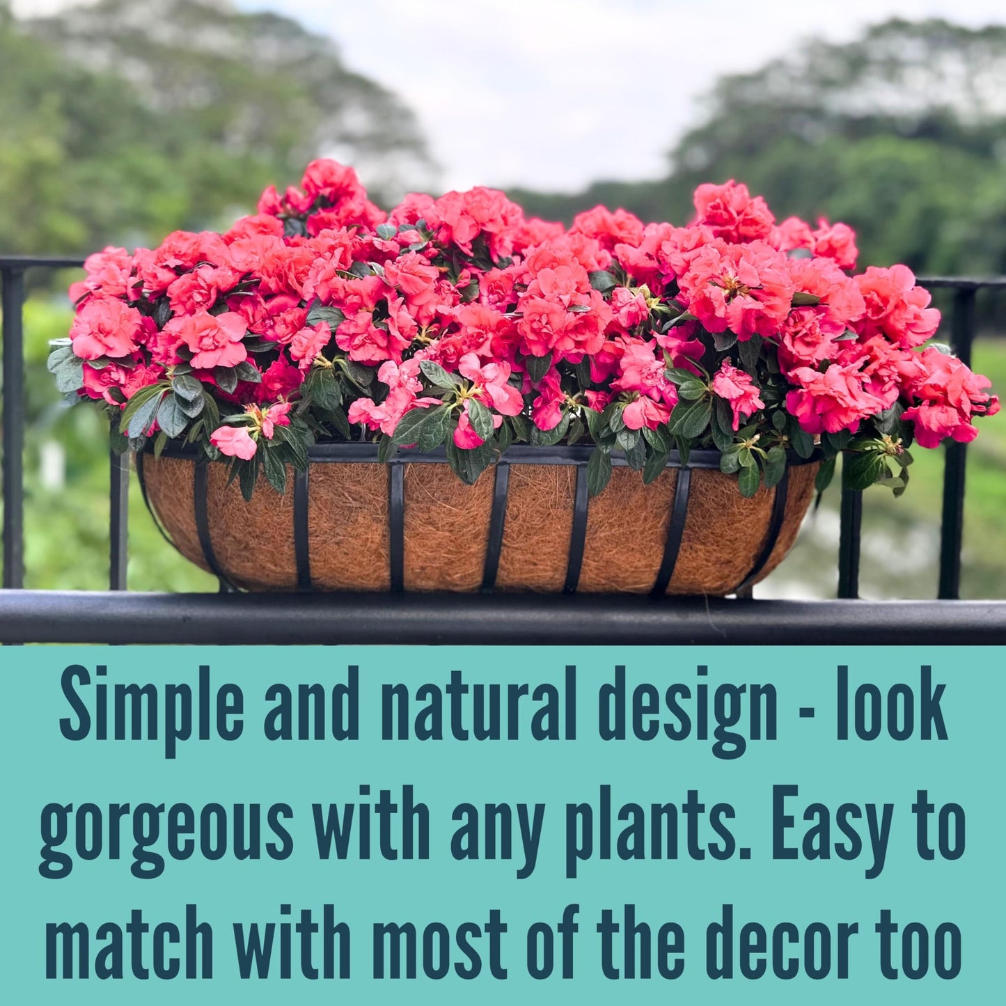 LaLaGreen Fence Planters for Outdoor Plants (24 Inch, 4 Pack) Black Metal Window Boxes Planter To Attach To House, Wall Mounted Flower Coco Baskets Outside Deck Railing Balcony Garden Porch Patio Rail