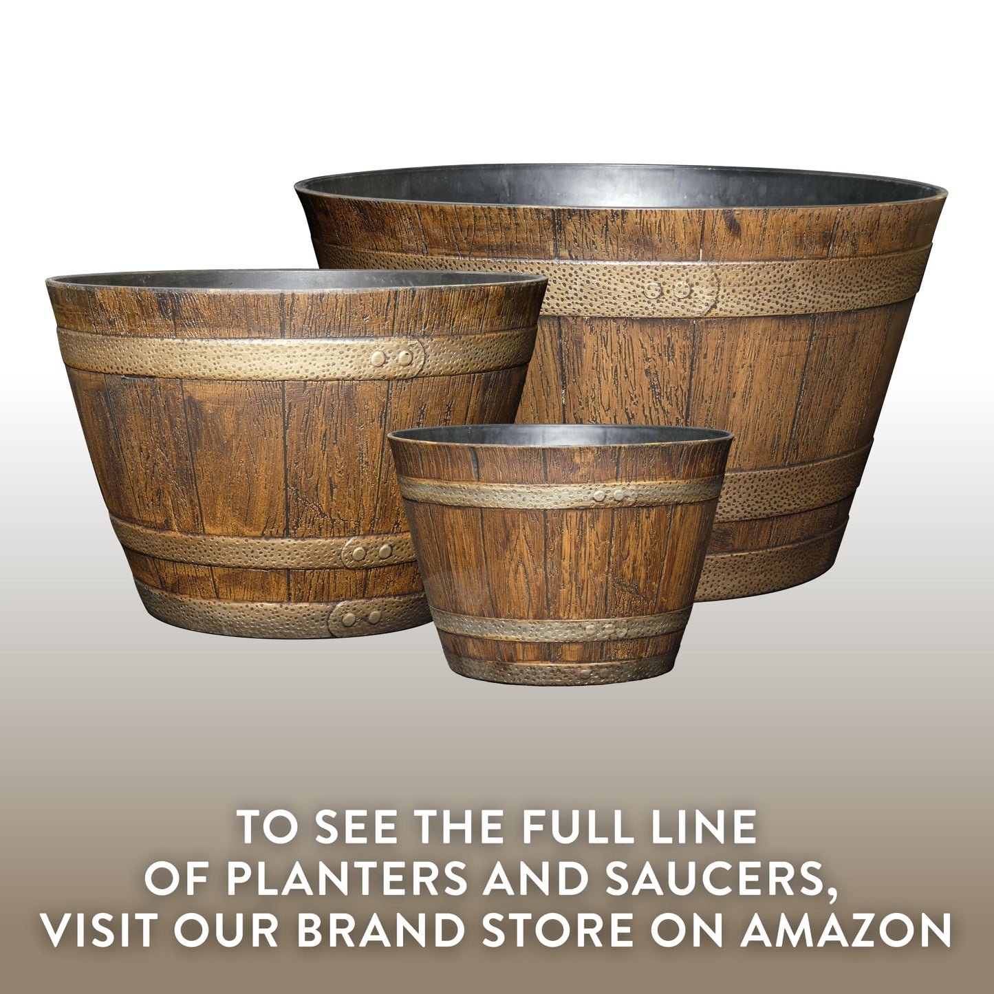 Classic Home & Garden by Growscape Whiskey Barrel Planters, Wooden Finish Flower Planter Pot, Stylish Garden Pots, Indoor Outdoor Resin Planters, Weather-Resistant Plant Pot (20.5" Oak Brown, 1-Pack)