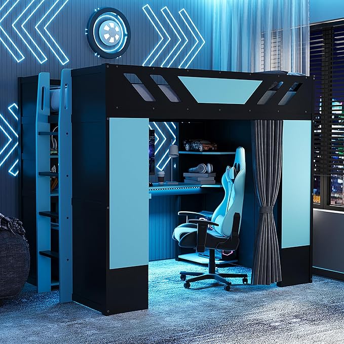 Full Size Wood Loft Bed with Built-in Workstation, Smart Storage, RGB Lighting