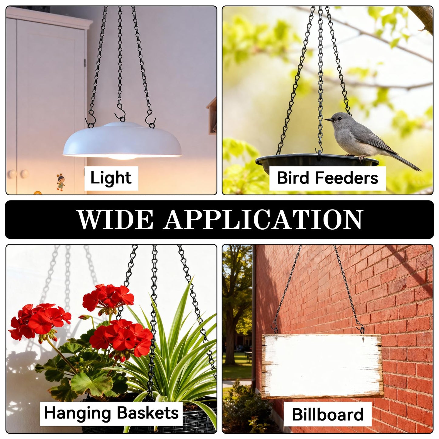 ZeeDix 4 Pack, 16 Inch Hanging Basket Chain with Hooks, Black Metal Planter Flower Pot Chain for Hanging Plants Outside, Adjustable Replacement Chain for Lanterns, Bird Feeders and Flowers
