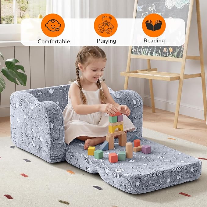 MeMoreCool Glow-in-the-Dark Dinosaur Kids Couch, 2-in-1 Foldable Kids Couch and