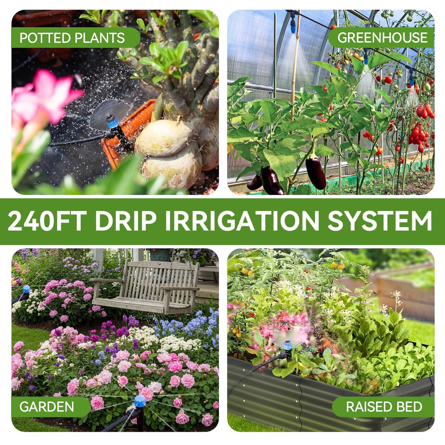 Inntop 240FT Drip Irrigation System Kits, Quick Connect Automatic Garden Watering System for Raised Bed, Potted Plants, Lawn, Greenhouse with 1/2 inch Hose 1/4 inch Tubing and Accessories