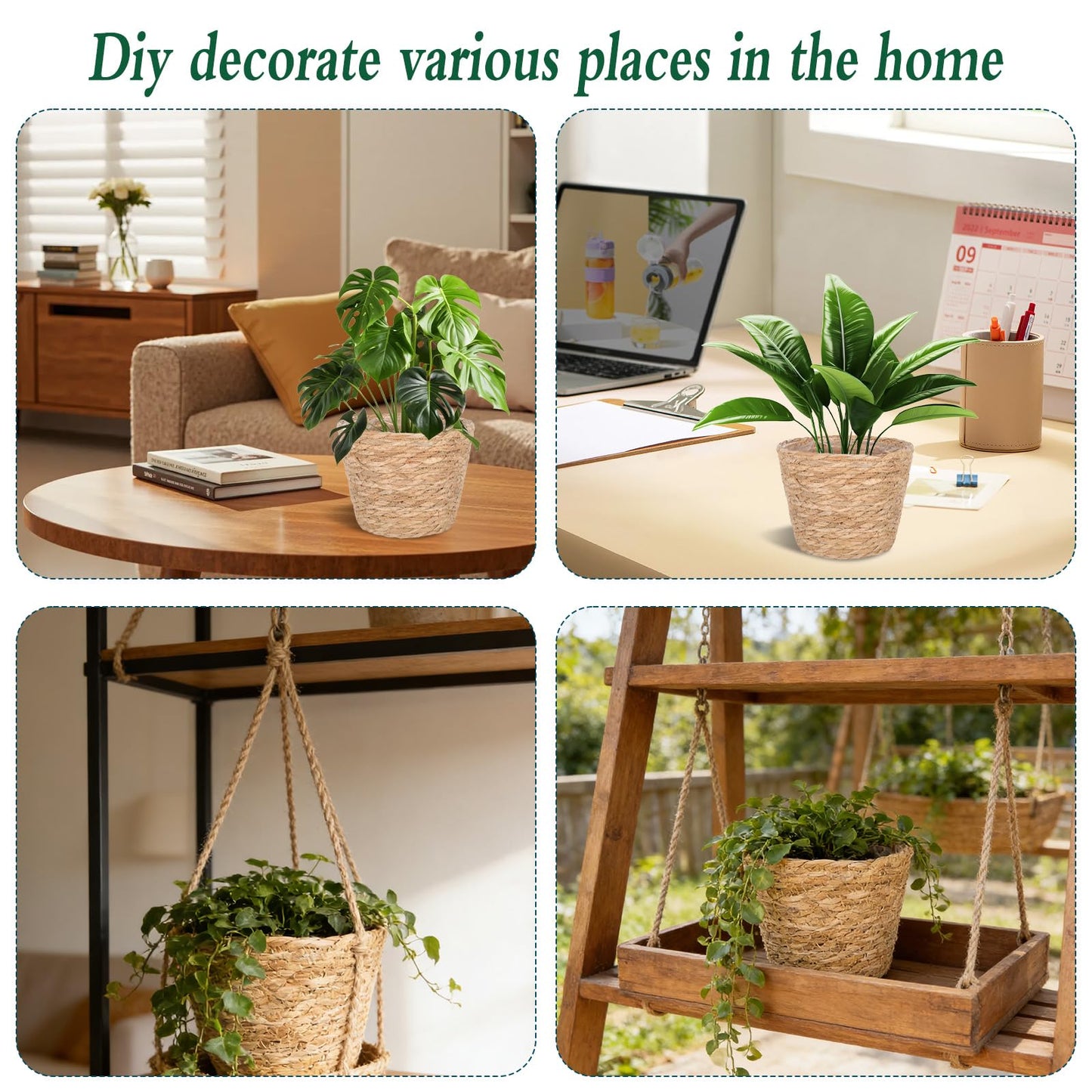 EYUNSTAR 6 Pack Seagrass Planter Basket for Indoor Plants, 7 Inch Woven Plant Pot Cover with Leak-Proof Liner, Rustic Boho Flower Container for Home Decor, Organizing, and Concealing Nursery Pots
