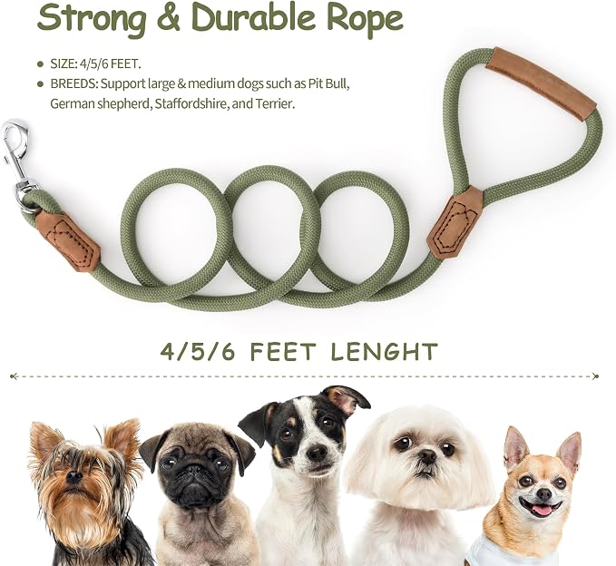 Mile High Life Leather Dog Leash, Heavy Duty Strong Genuine Leather Handle Rope Leash Soft and Comfortable for Small Medium Large Dogs (Olive Green, 72 Inch)