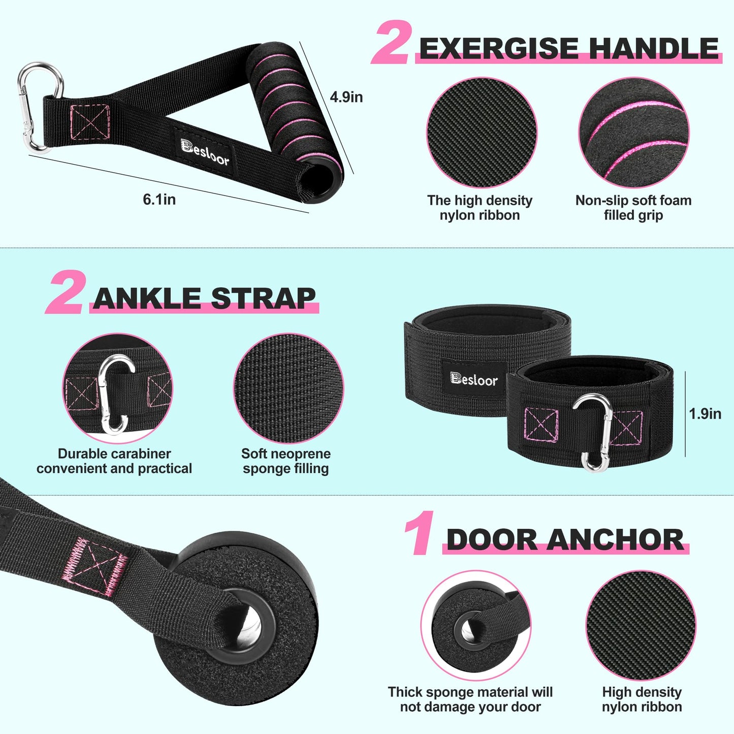Besloor Resistance Band Set. Exercise Bands with Handles, Door Anchor and Ankle Strap. Home Gym, Supports Full-Body Workouts - with Training Guide and Fitness Video (Pink)