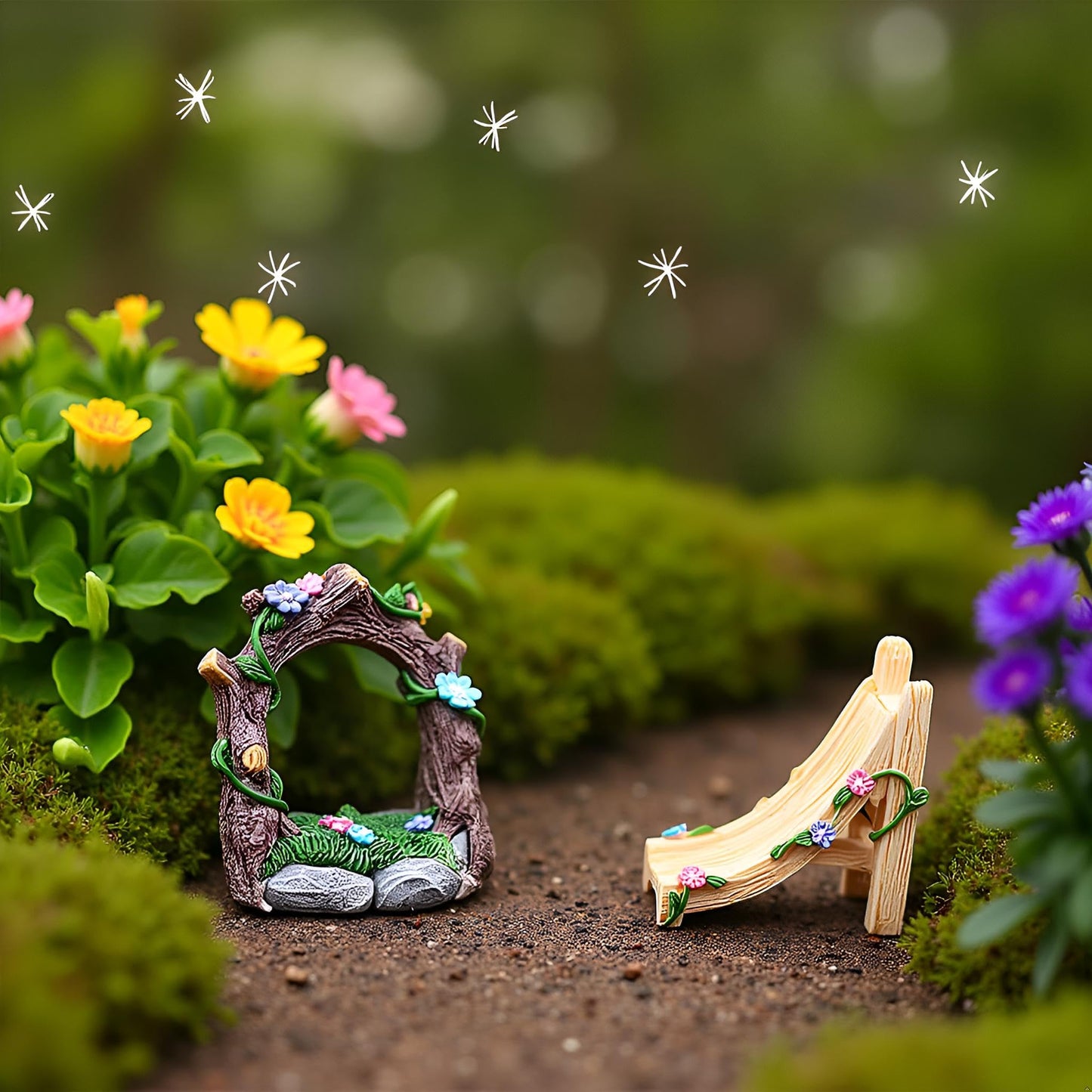 Kai Dream Miniature Fairy Garden Accessories Set, 3 Piece Resin Decorative Landscape Kit with Arch, Bridge and Slide, Floral Garden Ornaments