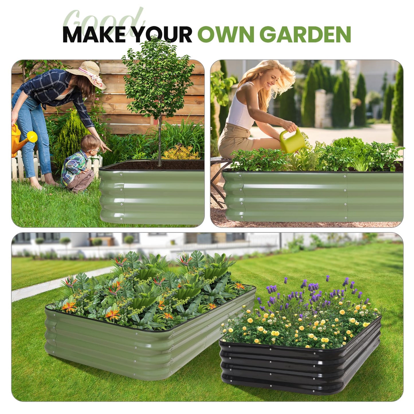 5-in-1 Adjustable Raised Garden Bed Kit | Galvanized Planter Boxes for Vegetables, Flowers | 12" Tall, Multiple Sizes (8x3x1ft, 9x2x1ft, 10x1x1ft, 6x5x1ft, 7x4x1ft) | Outdoor Metal Raised Bed, Green