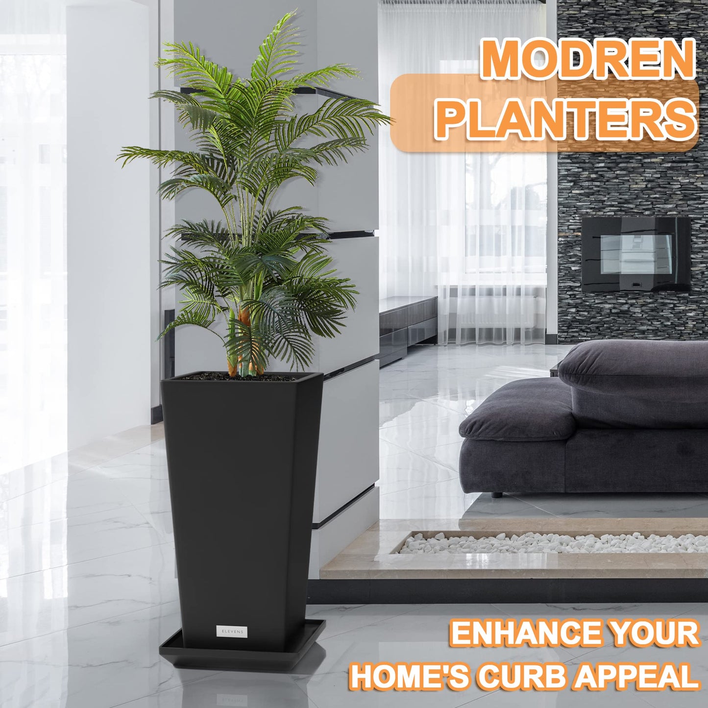 Elevens Outdoor Planter Larger Flower Pots Indoor Taper Garden V-Shape Tall Planters 28 inches Garden Pots Planter with 2 Trays - Black（2 Packs）, 28"-2 Pack (A-GE01002)