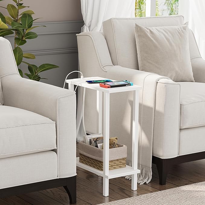 TUTOTAK Small End Table with Charging Station, Narrow Side Table with USB Ports