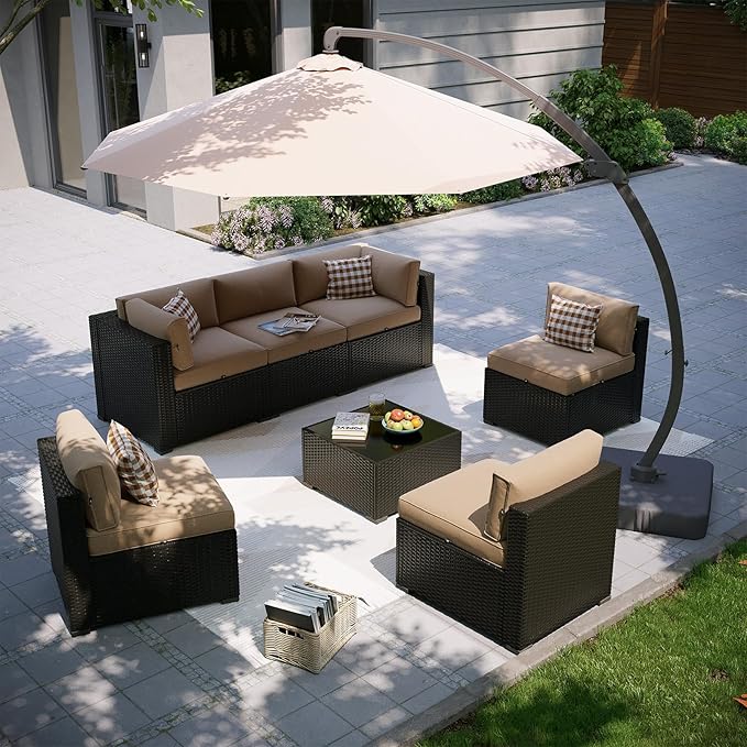 Aoxun Patio Furniture Set with Umbrella, 8 Piece Outdoor Sectional Sofas