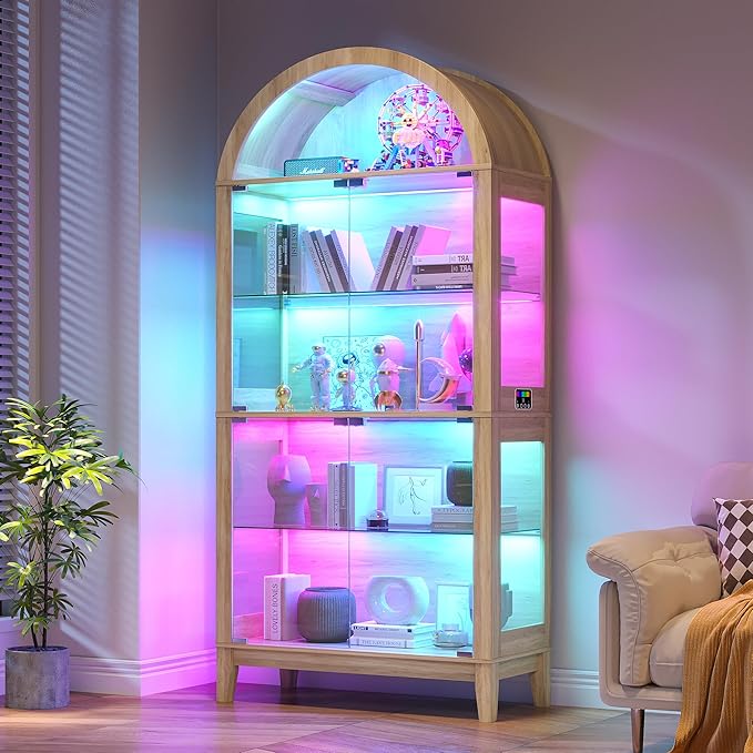HNEBC Arched Display Case with RGB Lights, LED Curio Cabinet with Shelf