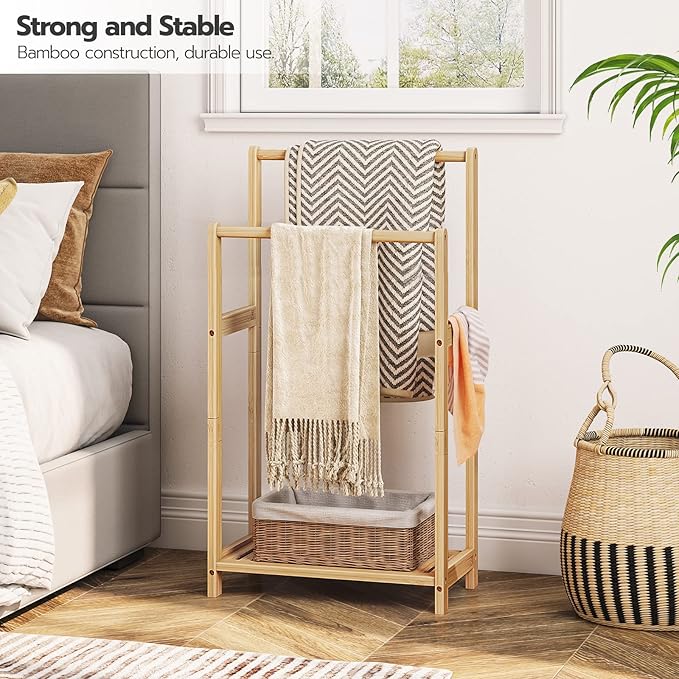 HOOBRO Freestanding Towel Rack for Bathroom, 2 Tier Decorative Bamboo Blanket