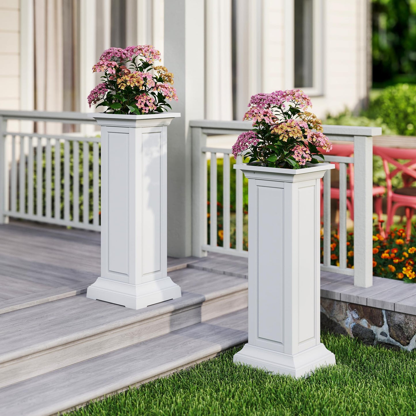 PatioZen 36in Tall Resin Planter Set of 2,Large Outdoor Planter for Porch, Garden, and Balcony, Weight-Bearing Top, Weather-Resistant, Classic Estate Design for Flowers and Trees(Ashen)