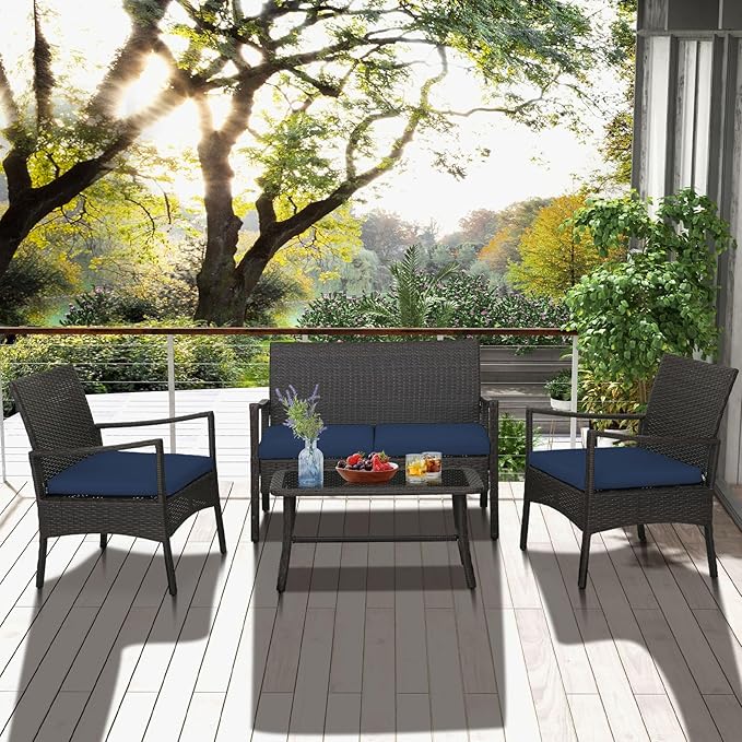 Tangkula 4 Pieces Outdoor Conversation Set, Patio PE Wicker Sofa
