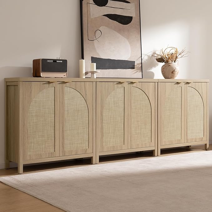 SICOTAS 102"W Rattan Sideboard Buffet Cabinet Set of 3, Mid Century Modern