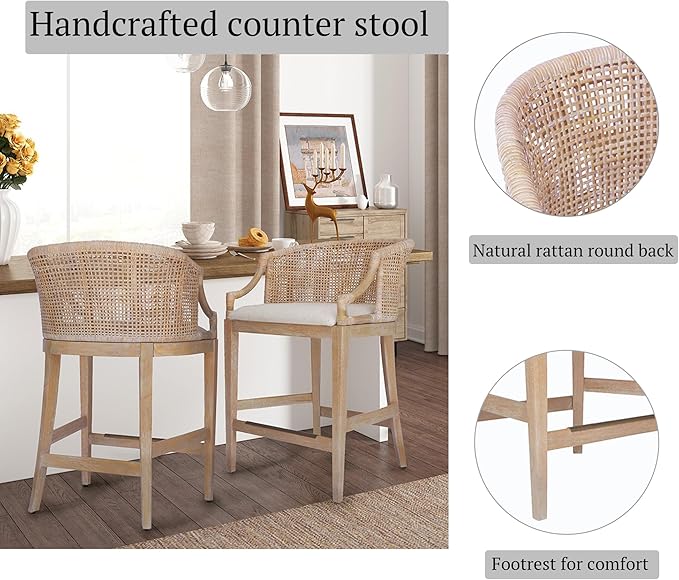 Martha Stewart Farmhouse Counter Height Bar Stools, Handcrafted Rattan Counter