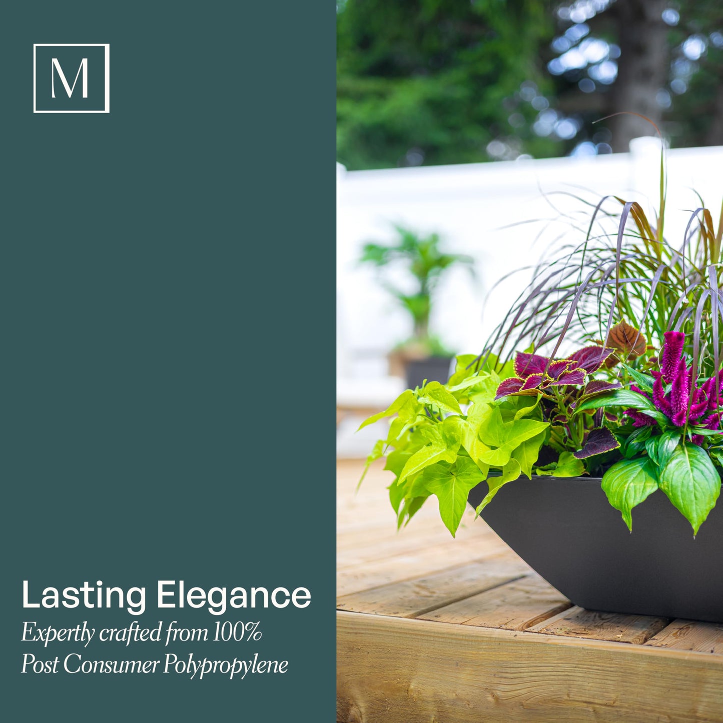 Mayne Renew 20-Inch Square Decorative Bowl Planter - Fade Resistant, Recycled Succulent Pots and Bonsai Pots with Optional Drainage for Indoor/Outdoor Use