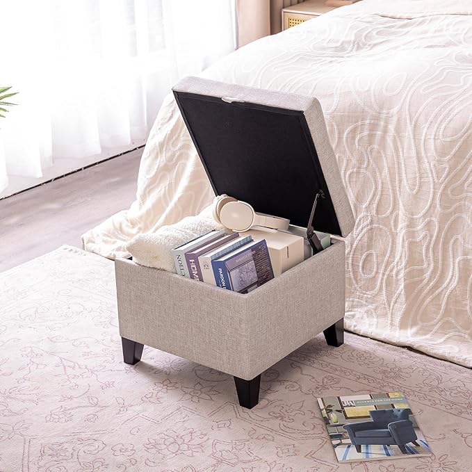 Adeco 18 Inch High Cube Ottoman Storage, Linen Chair Foot Stools, Upholstered