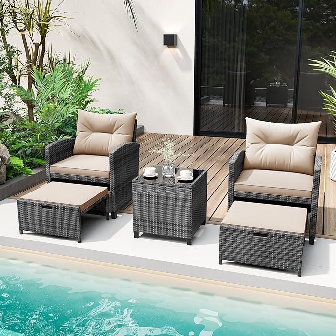 Tangkula 5 Pieces Patio Conversation Set, PE Wicker Rattan Outdoor Furniture Set