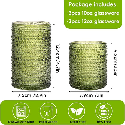 Moretoes Hobnail Drinking Glasses Set of 6, 12 Oz Highball Glasses & 10 Oz Cocktail Glasses, Clear Embossed Boho Glass Cups Kitchen Bar Tumbler Glassware Set for Whiskey, Beer, Juice, Milk (Green)