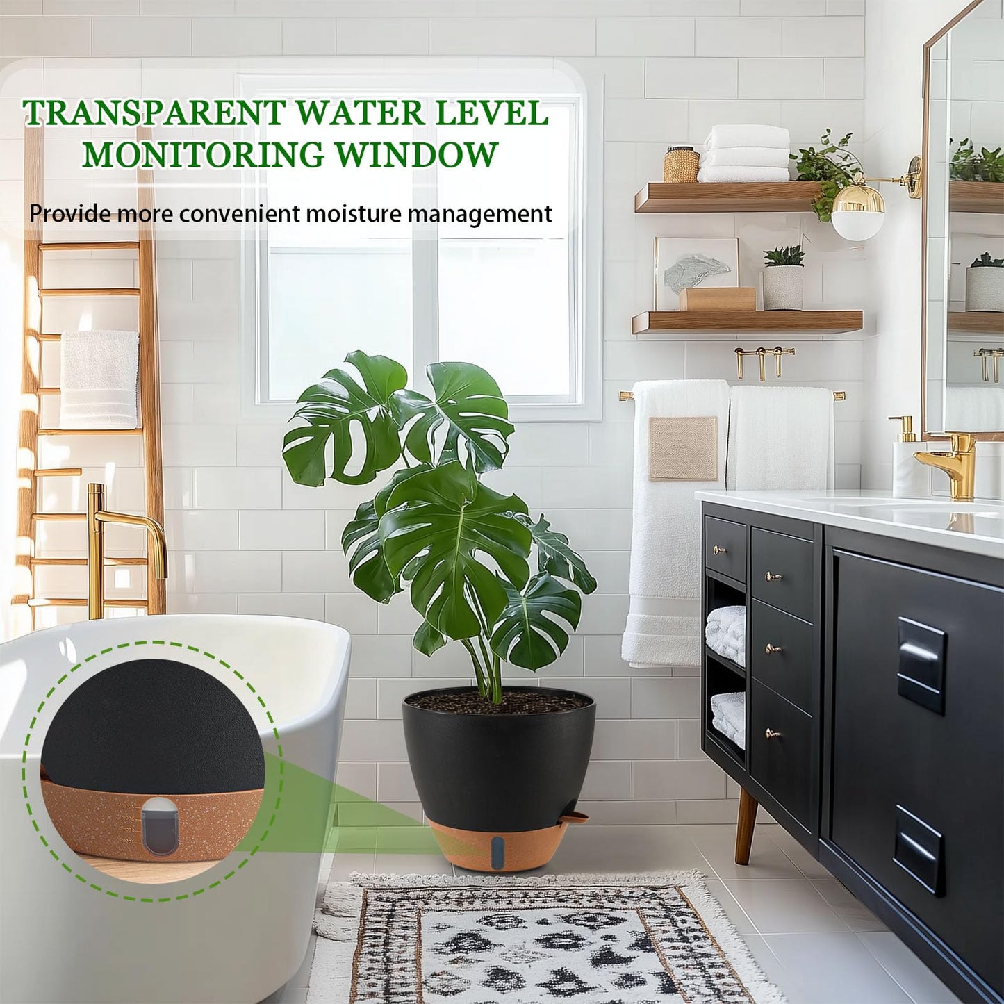 Fielda 8/10/12 Inch Self Watering Pots for Indoor/Outdoor Plants - Large Plastic Planter with Drainage Holes, Water Level Indicator & Deep Reservoir, Modern Decorative Flower Pots (Black)